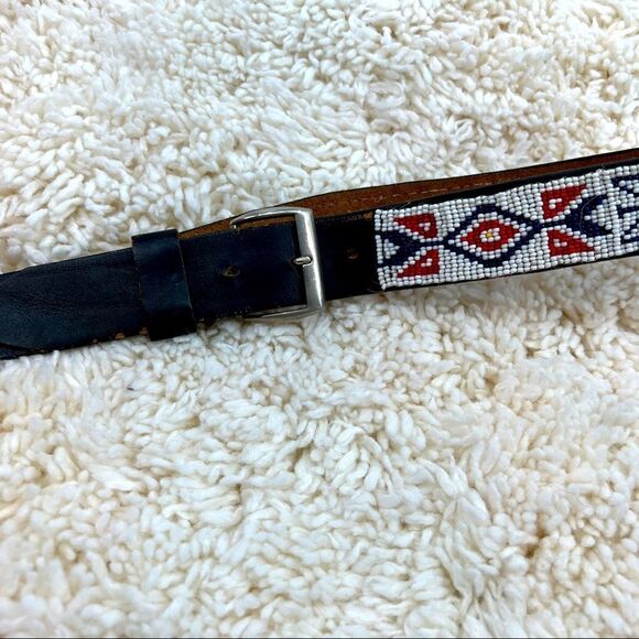 Vintage Boho Leather Belt seed bead Beaded design Hippie 70s retro vibe size 34